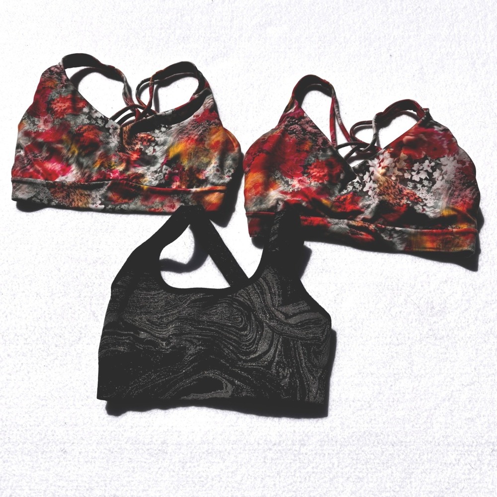 Lot of 3 Athleta Sports Bras Floral Strappy Black Metallic Marble Swirl Small
